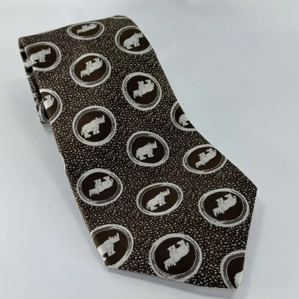 Vintage 70s Brown White Rhino Rhinoceros Next Tie Classic Formal Superba 4.25